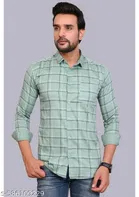 Cotton Blend Checked Shirt for Men, Green 