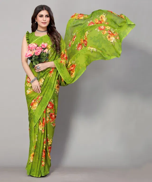 Women's Designer Saree with Blouse (Green) (S5)