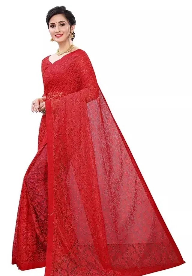 Net Floral Saree for Women (Red, 6.3 m)