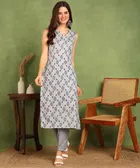 Cotton Blend Printed Kurti with Pant for Women (Grey, S)