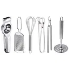 Oc9 Stainless Steel Lemon Squeezer & Cheese Grater & Egg Whisk & Pakkad & Roti Chimta & Potato Masher Kitchen Tool Set 