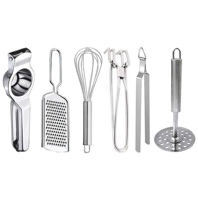 Oc9 Stainless Steel Lemon Squeezer & Cheese Grater & Egg Whisk & Pakkad & Roti Chimta & Potato Masher Kitchen Tool Set (O-131)
