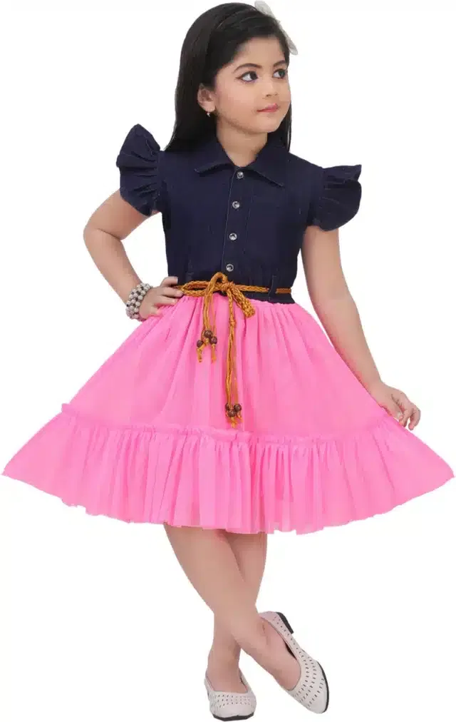 Silk Blend Frock for Girls (Blue & Pink, 12-18 Months)