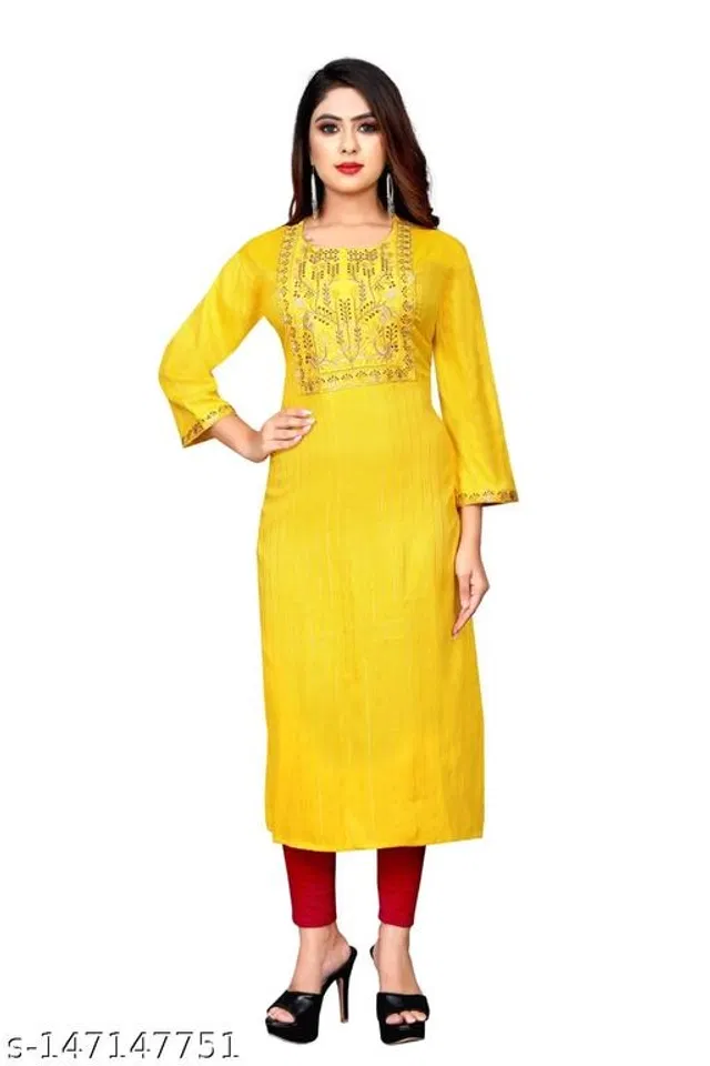 Rayon Slub Embroidered Kurti for Women (Yellow, M)