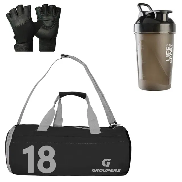 Polyester Printed Gym Bag with Gloves & Shaker Bottle (400 ml) for Men & Women (Multicolor, Set of 1)