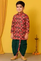 Cotton Printed Kurta with Dhoti for Boys, Red & Green  