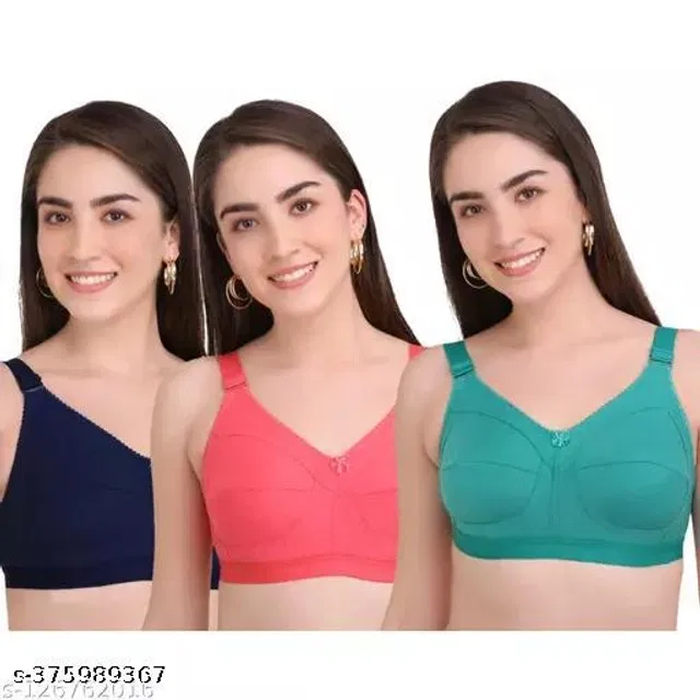 Cotton Blend Solid Non Padded Bra for Women (Multicolor, 32C) (Pack of 3)