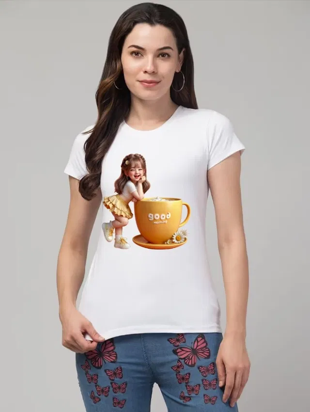 Cotton Blend Printed T-shirt for Women, White (M)