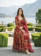 Poly rayon Printed Anarkali Above Knee Rayon Gown for Women 