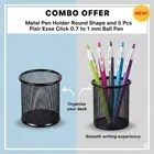 Metal Pen Holder Round Shape and 5 Pcs Ezee Click 0.7 to 1 mm Ball Pen 
