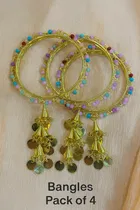 Metal Gold Plated Bangles for Women, Gold, Pack of 4 