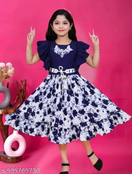 Printed Cotton Fit And Flare Dress for Girls (Blue, 10-11 Years)