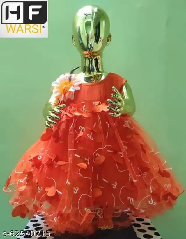 Net Sleeveless Dress for Girls (Orange, 1-2 Years)