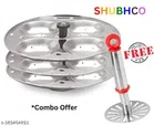 Stainless Steel 3 Plate Idli Maker with Masher (Silver, Set of 2)