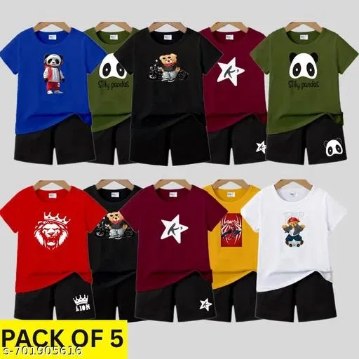 Cotton Blend Printed Clothing Set for Boys, Multicolour, Pack Of 5 (5-6 Years)