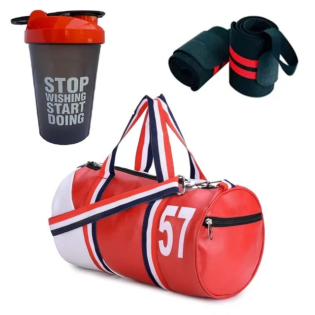 Polyester Printed Gym Bag with Wristband & Shaker Bottle (700 ml) for Men & Women (Multicolor, Set of 1)