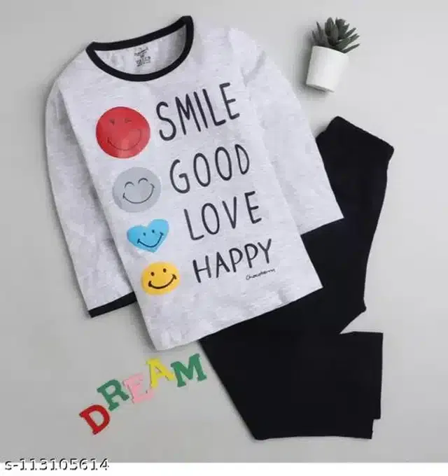 Hosiery Cotton Full Sleeves T-Shirt with Pant Clothing Set for Kids (White & Black, 18-24 Months)