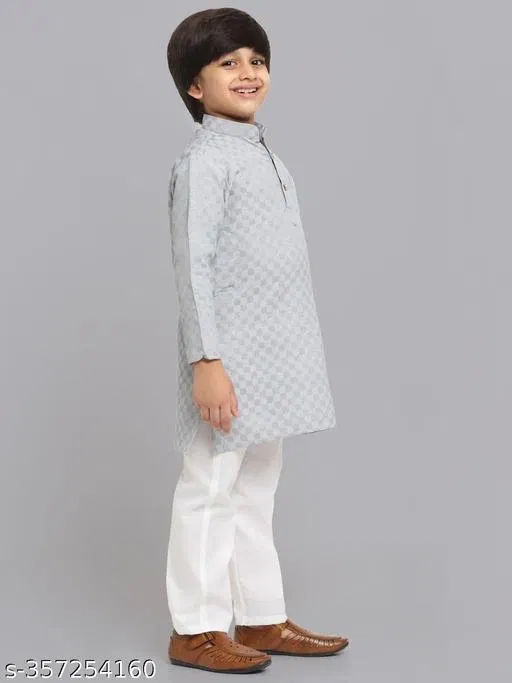Cotton Blend Kurta with Pyjama for Boys (Grey & White, 6-7 Years)