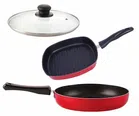 Aluminium Nonstick Fry Pan with Grill Pan & Glass Lid Set (Red, Set of 3)