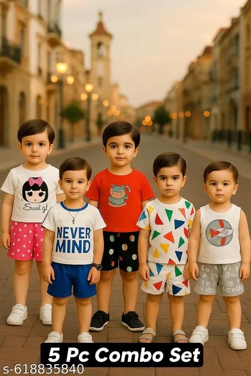 Hosiery Cotton Printed Clothing Set for Kids, Multicolor, Pack of 5 (0-6 Months)