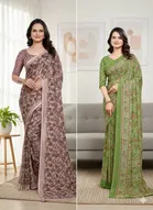 Georgette Printed Saree for Women, Multicolor, Pack of 2 