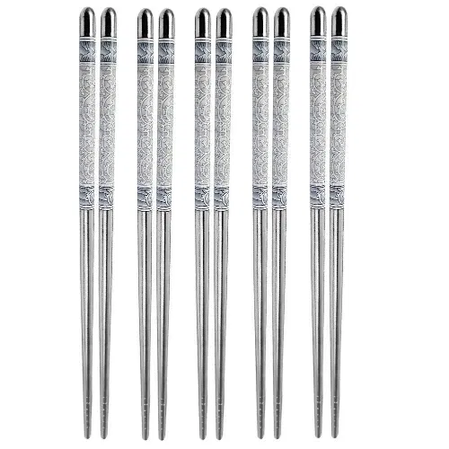 Stainless Steel Non-Slip Reusable Durable and Lightweight Chopsticks (Silver, Set of 5)
