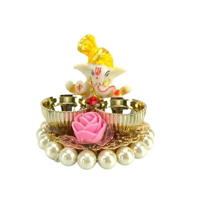 Metal Decorative Ganpati Haldi Kumkum Stand with 2 Roli Chawal Holder, Multicolor