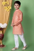 Dupion Silk Embellished Kurta with Payjama for Boys, Peach & White 