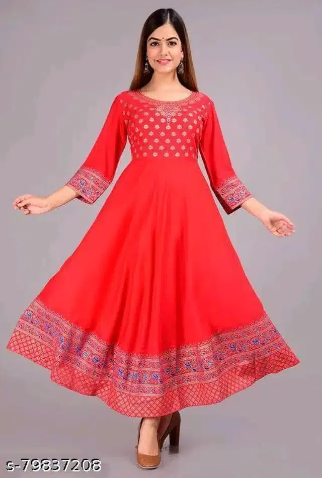 Anarkali Rayon Printed Kurti for Women (Red, L)