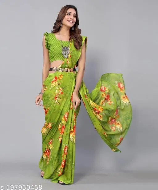 Georgette Printed Saree for Women, Green (6.3 m)