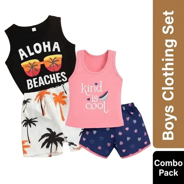 Cotton Blend Printed Clothing Set for Boys, Combo Pack of 2, Black & Peach & Blue, 2-3 Years