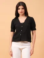 Cotton Blend Solid Top for Women (Black, S)