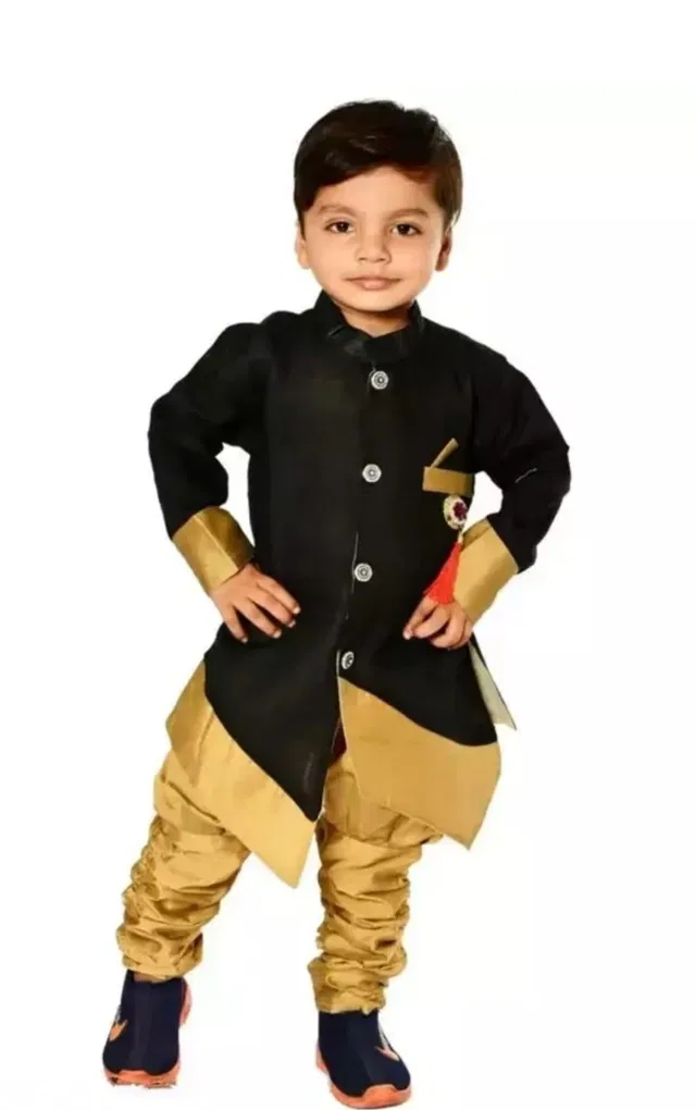 Cotton Blend Solid Kurta with Pyjama for Boys (Black & Gold, 3-4 Years)
