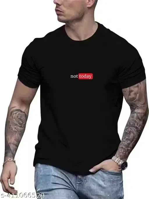 Chest Print Polycotton T-Shirt for Men, Black (M)