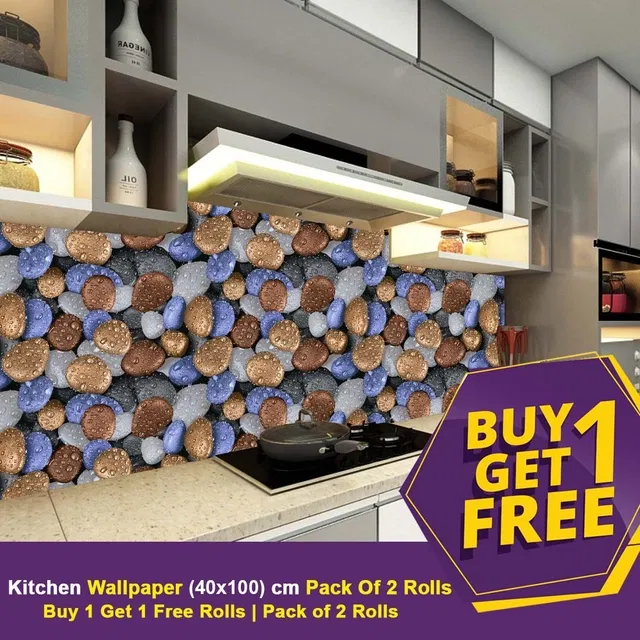 Vinyl Wallpaper for Kitchen Wall (Multicolor, 100x40 cm) (Pack of 2)
