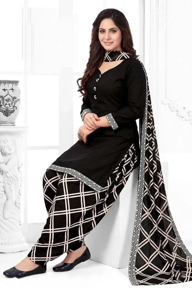 Crepe Floral Punjabi Suits for Women (Black, Black)