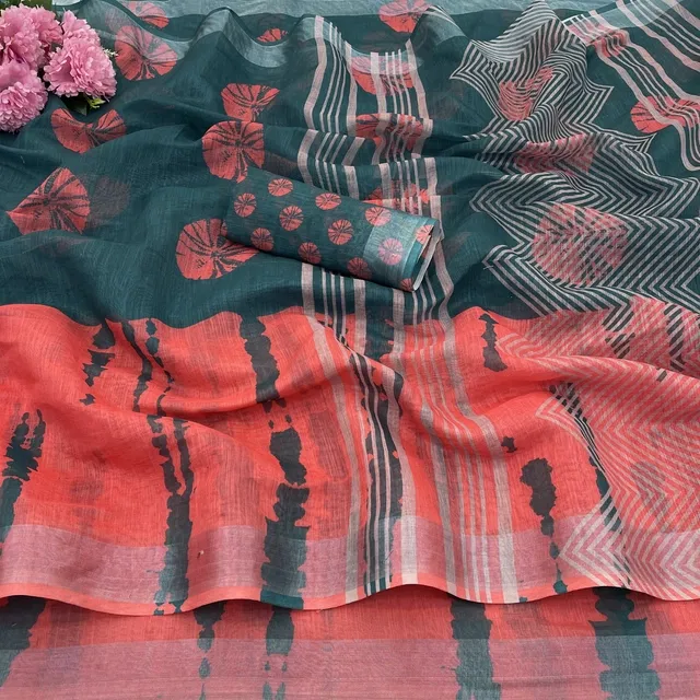 Linen Printed Saree for Women, Multicolor (6.3 m)