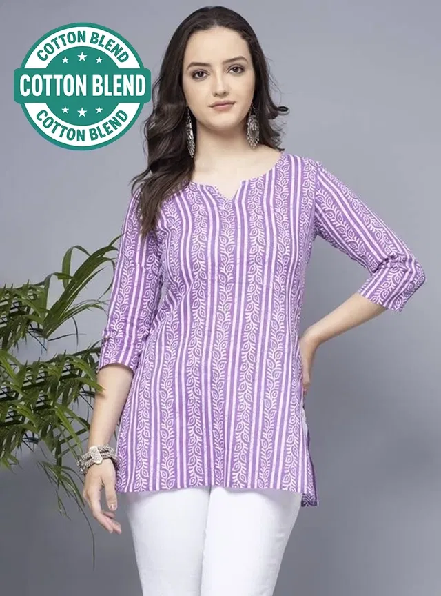 Cotton Striped Short Kurti for Women (Purple, L)