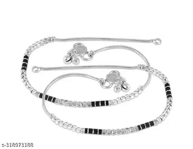 Stainless Steel Anklets for Women (Silver & Black, Set of 1)