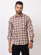 Cotton Blend Checkered Shirt for Men, Peach 