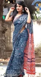 Linen Printed Saree for Women (Teal, 6.3 m)