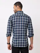 Cotton Blend Checkered Shirt for Men, Navy Blue 