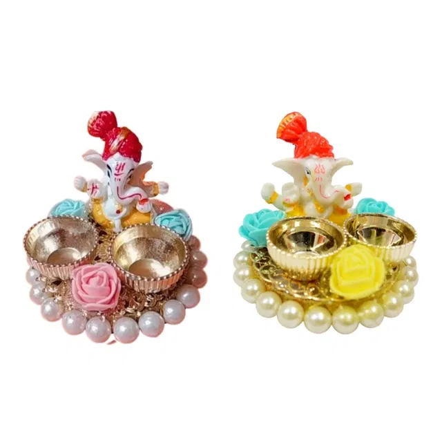 Metal Decoretive Pooja Thali, Multicolour Pack of 2