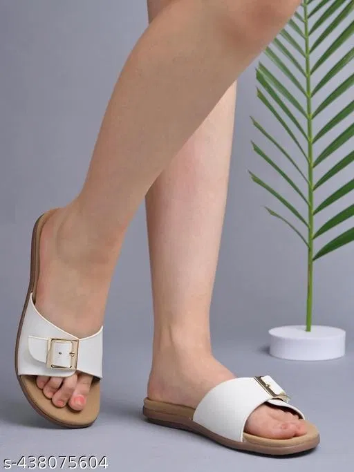 Solid Synthetic Flat Sandals for Women (White, IND-4)