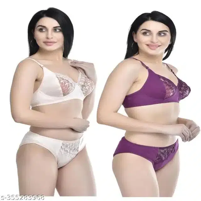 Polycotton Bra with Panty for Women (Assorted, 32B) (Pack of 2)