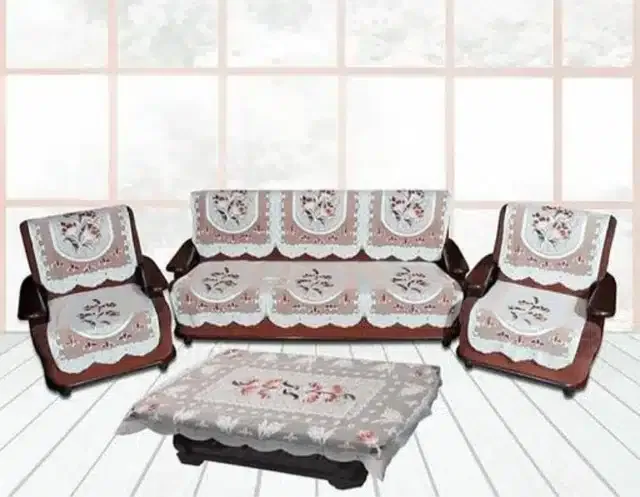 Cotton Floral Sofa with Table Cover Set (Multicolor, Set of 4)