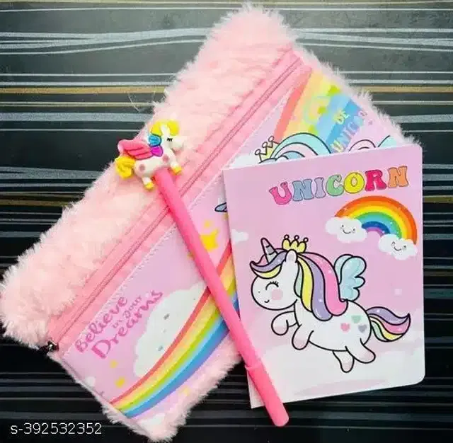 Unicorn Theme Pencil Case with Diary & Pencil (Pink, Set of 3)