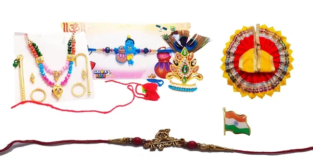 Synthetic 3 Pcs Rakhi with Ladoo Gopal Singar Dress & Flag Badge (Multicolor, Set of 1)