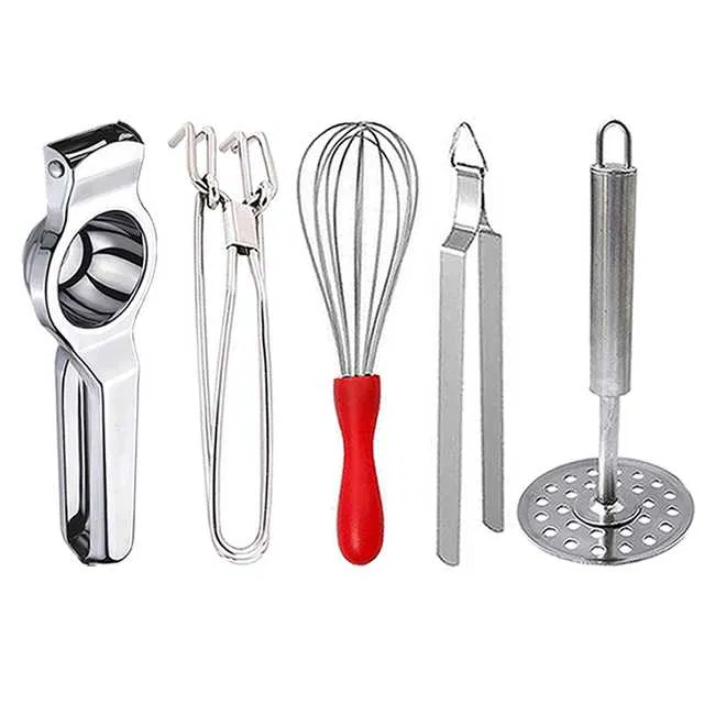 Stainless Steel Lemon Squeezer & Pakkad & Egg Whisk & Roti Chimta & Potato Masher For Kitchen (Set of 5) (OC-063)