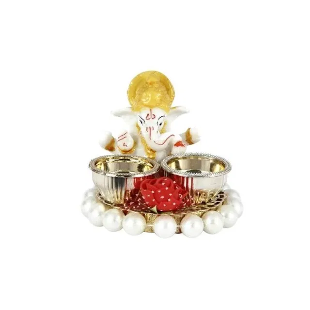 Metal Decorative Ganpati Haldi Kumkum Stand with 2 Roli Chawal Holder, Multicolor